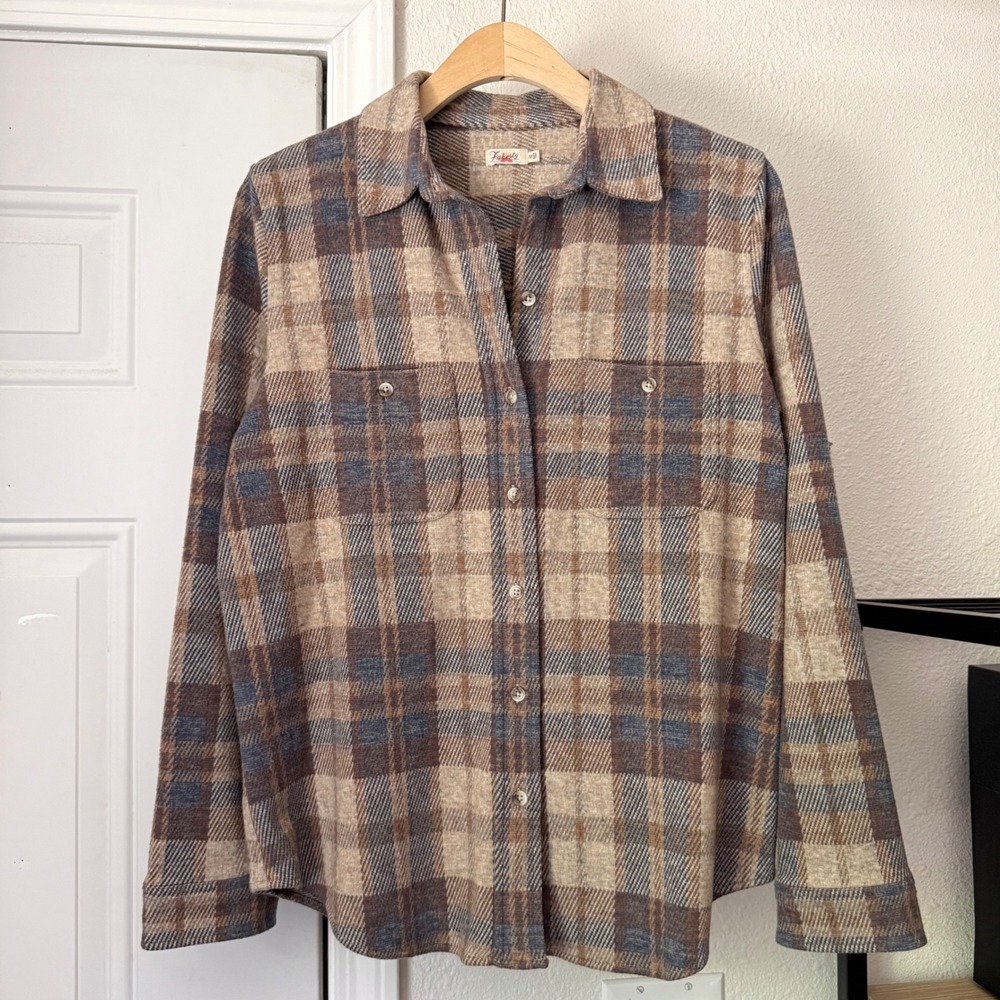 FAHERTY cream tan navy plaid brushed flannel long sleeve button up shirt
